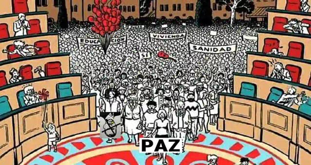 Dibujo de trabajadores tomando el parlamento con reivindicaciones de Paz, pan y República
