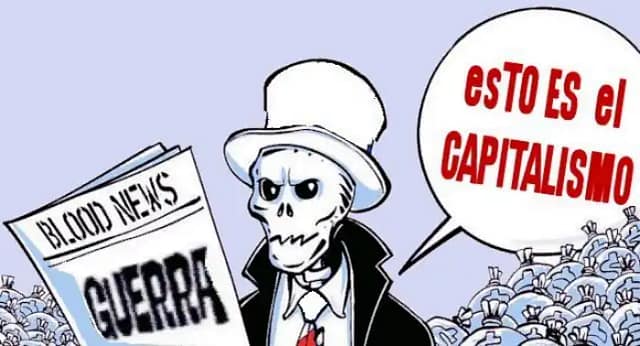 Dibujo de calaver amasando dinero mediante guerras