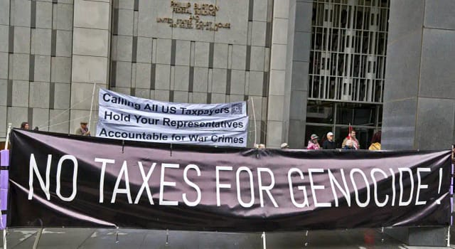 Concentración de Contribuyentes Contra el Genocidio (TAG) frente al Tribunal Federal de Estados Unidos del Norte de California, el 19 de febrero de 2025. León Kunstenaar.