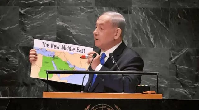 En la ONU el año pasado, Netanyahu mostró una imagen celebrando un "nuevo Oriente Medio", con comercio entre Israel y los regímenes árabes de la región. En él, los Territorios Ocupados fueron borrados por completo. Este es el significado de "normalización" / Fuente: Netanyahu Twitter