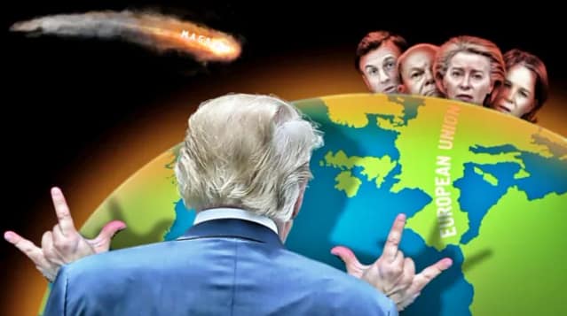 Dibujo del presidente de EEUU y rostros de miedo de los dirigentes europeos