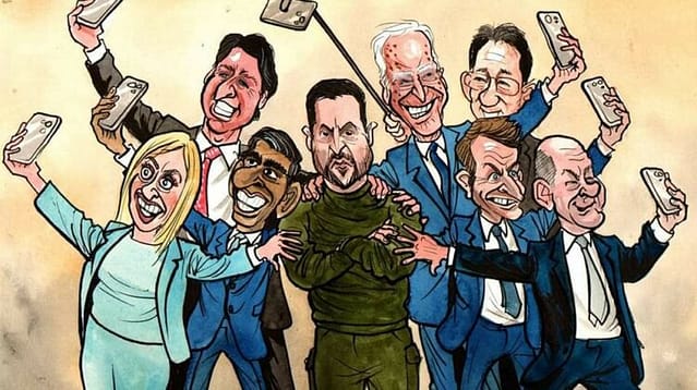 Dibujo de principales líderes europeos brindando por la guerra