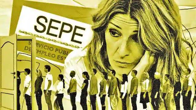 Dibujo de Yolanda Díaz y cola de parados ante el SEPE