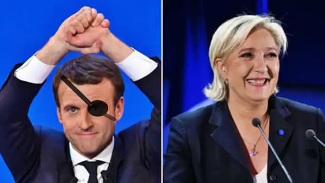Foto retocada de Macron con ojo tapado y de Le Pen