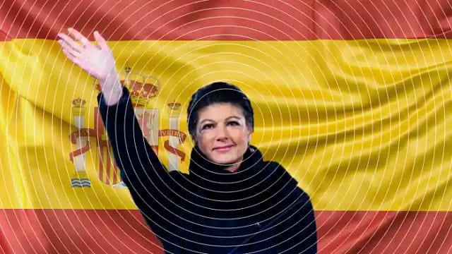 Foto de Sahra Wagenknecht sobre fondo bandera española