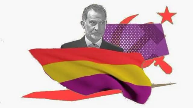Composición de bandera republicana, foto del rey y logo IV Internacional