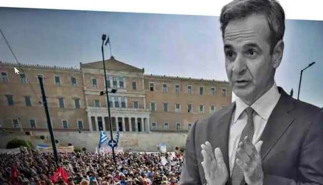 Montaje del Ministro griego y las manifestaciones contra la ley laboral