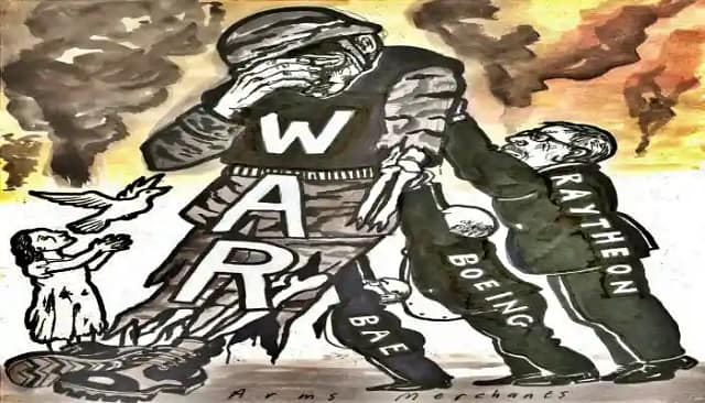 Dibujo de multinacionales apoyando la guerra mundial