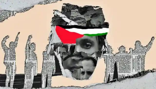 Composición de collage con bandera palestina y protesta mediática