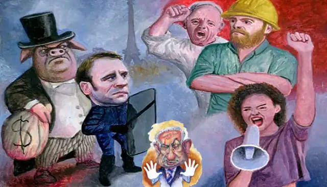 Dibujo de Macron, Netanyahu y trabajadores protestando