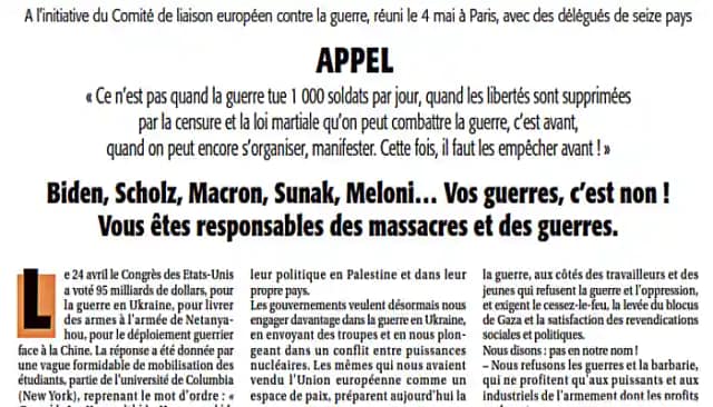 Cabecera del llamamiento del Encuentro Europeo contra la Guerra