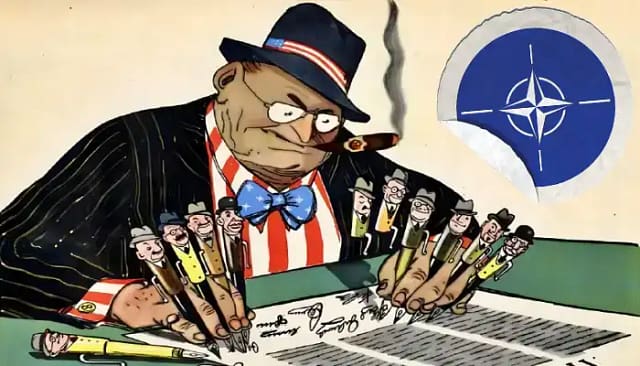 Figura de EEUU firmando en la OTAN en nombre de otros países