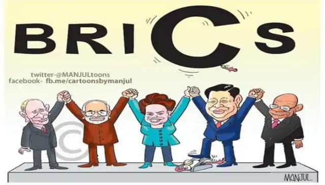 Caricatura de los BRICS hinchando una burbuja