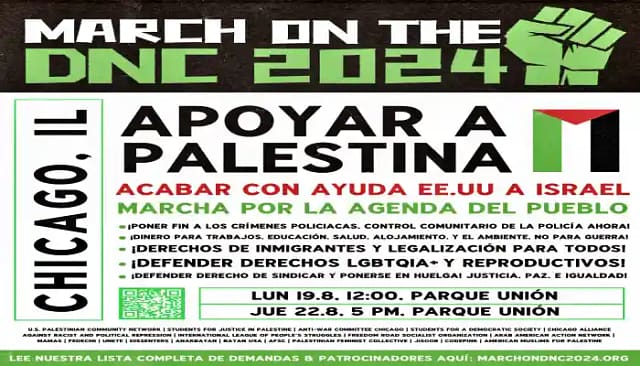 Cartel anunciador de la marcha en solidaridad con Palestina a la Convención Nacional Dmócrata