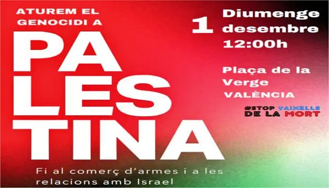 Concentración por Palestina en Valencia, domingo 1 de diciembre, 12h, Plaza de la Virgen