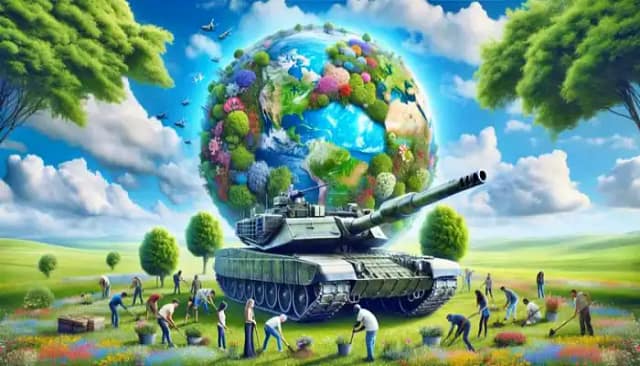 Imagen de ordenador con un tanque en paraíso natural