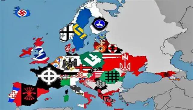 mapa europeo y banderas nacionales de ultraderecha