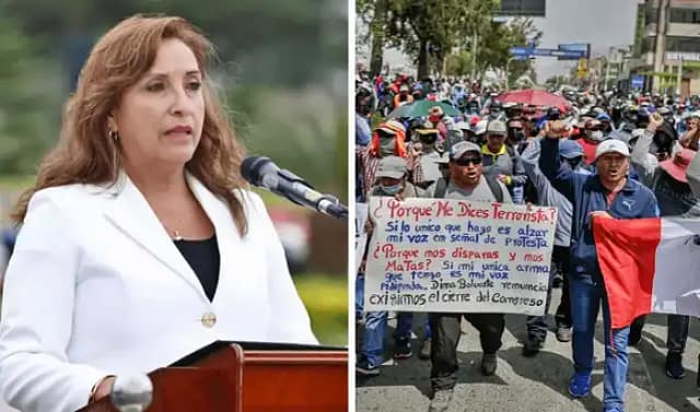 Composición con fotos de Dina Boluarte y Marcha obrera