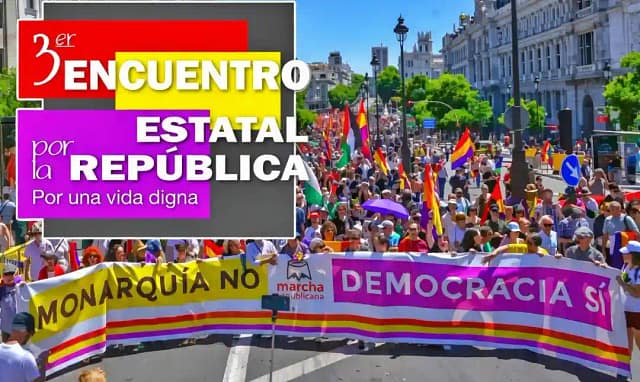 Foto archivo manifestación en Madrid y logo de la convocatoria por la república