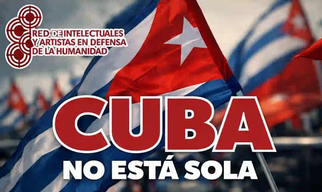 Logo de la REDS y cartel Cuba no está sola.
