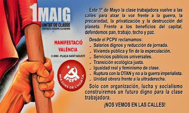 Cartel de la convocatoria del PCPV-Mayores ante el 1 de mayo