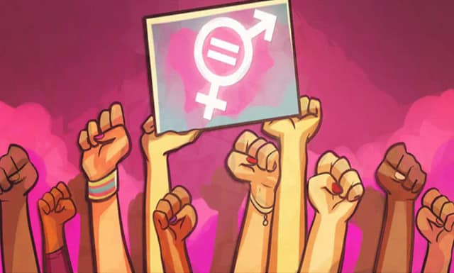 Dibujo con manos y símboilos feminista