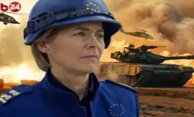 Dibujo por ordenador de la presidenta de la Comisión europea llamando a la guerra