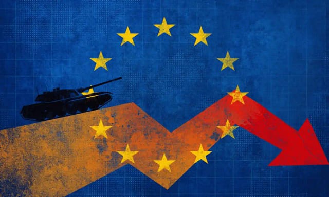 Bandera estilizada de la UE con tanque y flecha roja hacia abajo, que simboliza la crítica a la militarización de la UE. © iStock / mammuth.