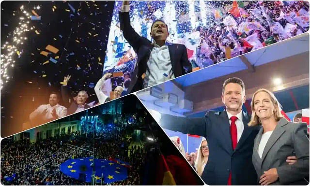 Collage de los vencedores en las elecciones de Portugal, Polonia y Rumania.