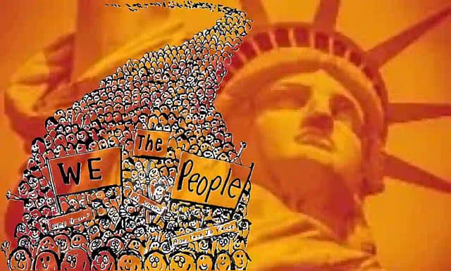 Movilización de masas sobre fondo de la estatua de la Libertad