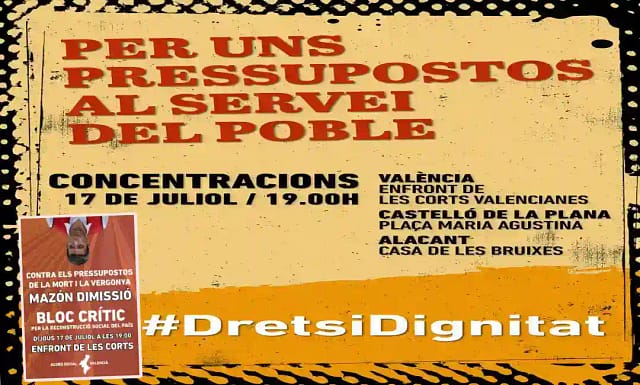 Acord Social Valencià llama a movilizarse contra los presupuestos de la Generalitat de Mazón.