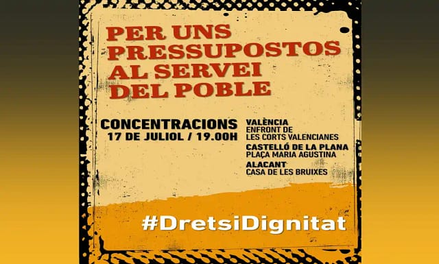 Movimiento social valenciano convoca protesta contra presupuestos el 17J.