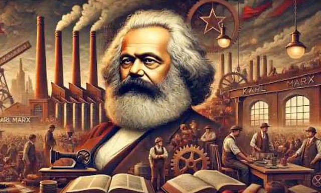 Dibujo de Marx sobre fondo industrialismo