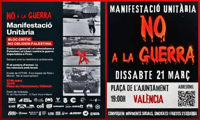 Manifestación unitaria por el “No a la guerra”. Valencia, 21 marzo.