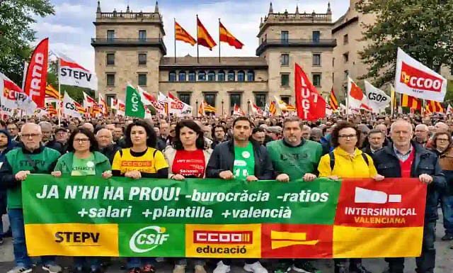 Composición por IA de manifestación con una pancarta que suma todos los sindicatos