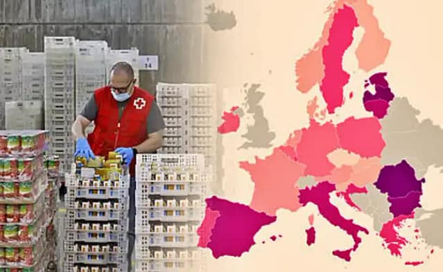 Foto archivo de mapa pobreza en Europa y trabajador