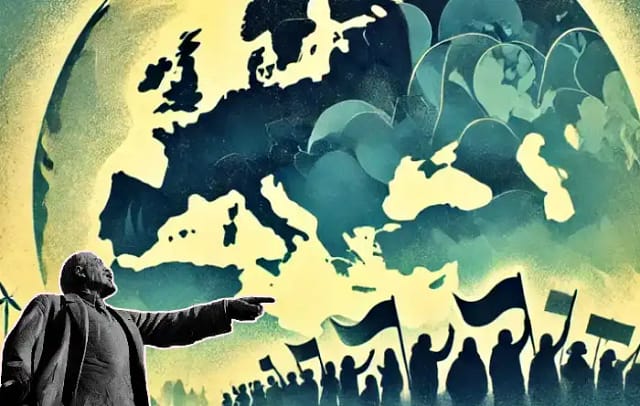 Composición estatua de Lenin y avance masas