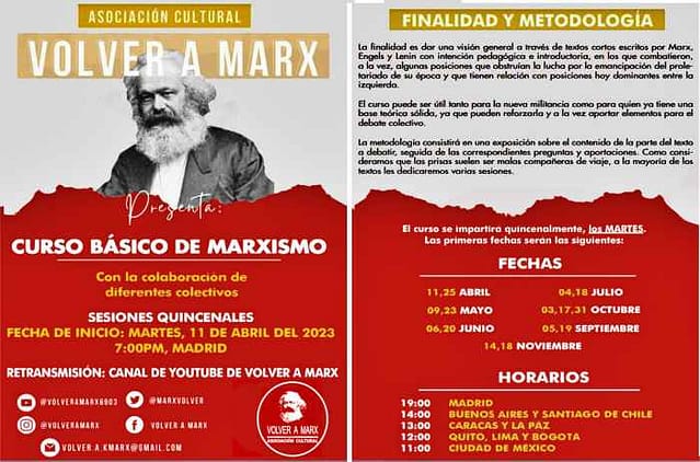 Asociación Cultural Volver a Marx imparte nuevo curso básico virtual desde el 11 de abril